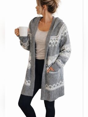 Abercrombie & Fitch Fair Isle Hooded Cardigan Sweater Gray Open Front Duster Med